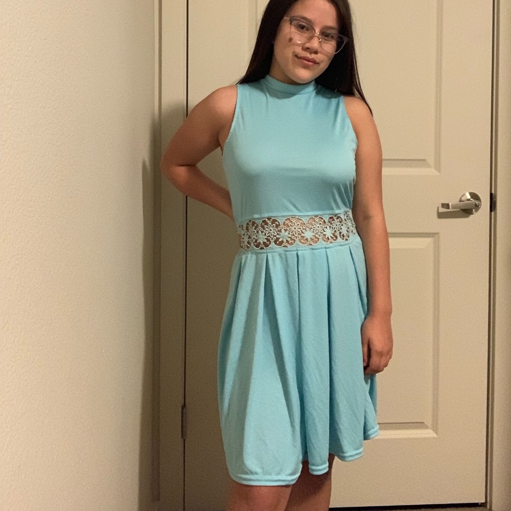 Blue Dress with Lace waist detail